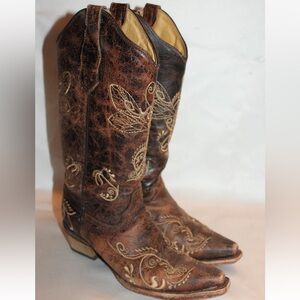 Circle G Brown Distressed Leather Dragonfly Western Boots